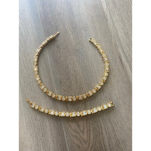 Vintage Monet Chunky Gold Tone Necklace Bracelet Set Rhinestone Chain Link 16” - Picture 1 of 4
